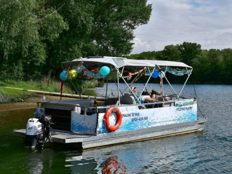Catamaran 7.58 x 2.65m. The floats of the aluminum catamaran are made of 3 mm thick sheet metal welded to an aluminum structure. Water-resistant plywood was used on the deck, on which we fixed the vinyl carpet.