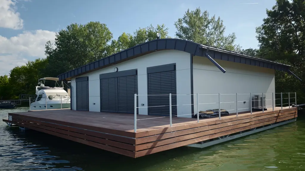 Hausbót o rozmere 15,3 x 13,9m určeného na bývanie a rekreáciu pozostáva z pontónu z oceľovej konštrukcie a z nadstavby o rozmere 11,39 x 9,17m. Vonkajšie obloženie pozostáva zo sendvičových PUR panelov.